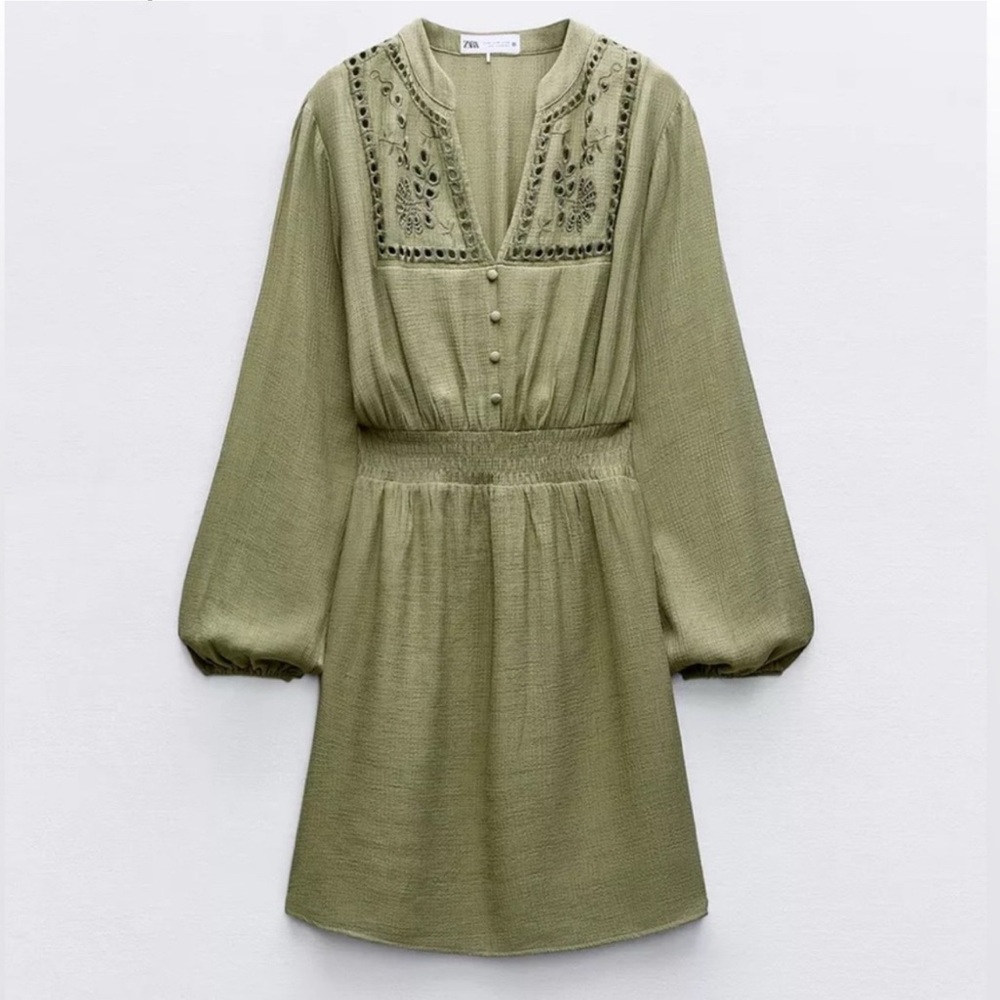 NWT ZARA KHAKI GREEN CUTWORK EMBROIDERY SLOT COLLAR MINI DRESS SIZE S